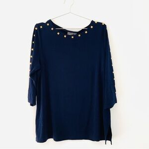 Chico’s 3 Traveler Navy Blue Top with Gold Accents Flowy Oversized